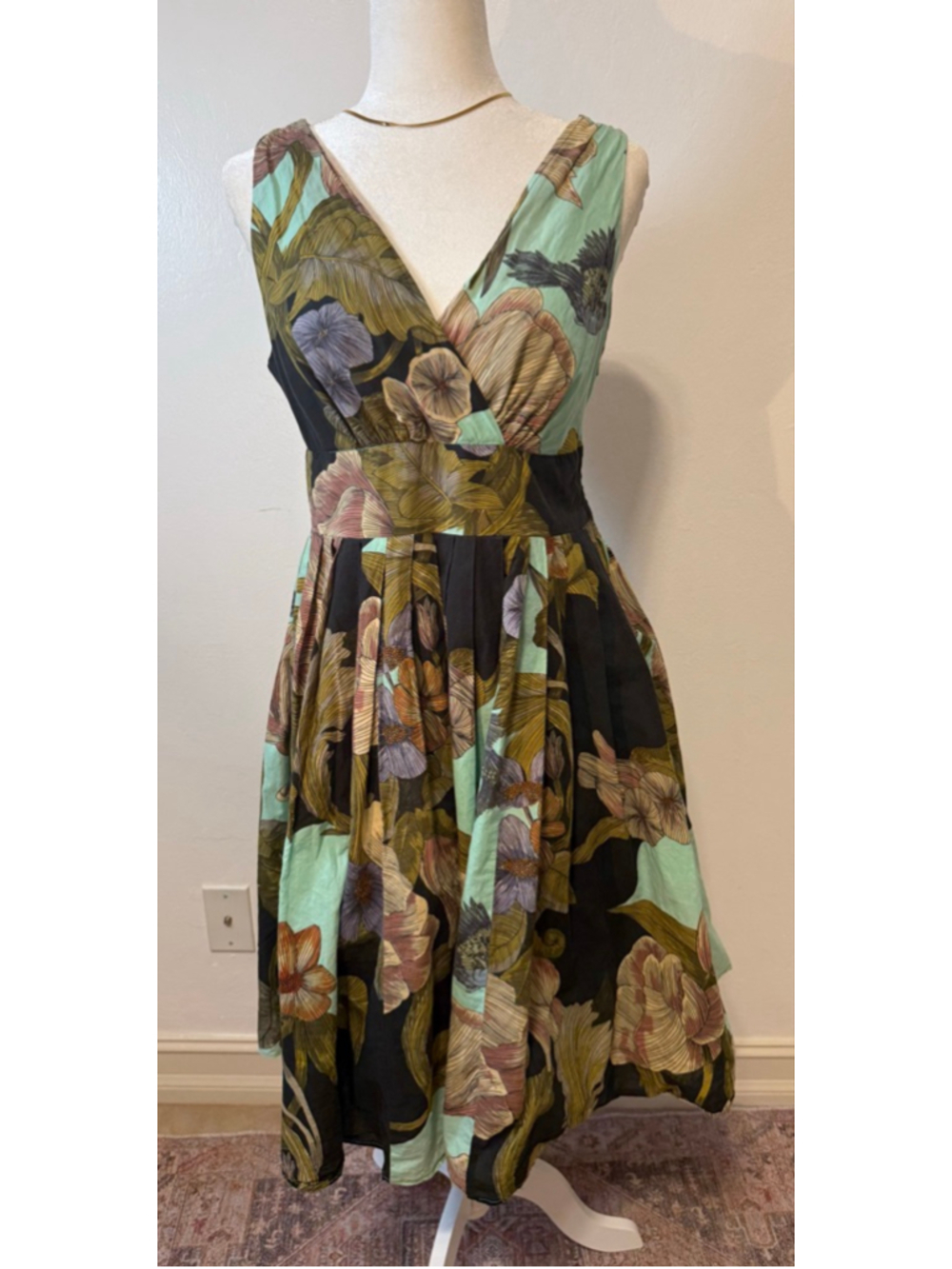 ARYEH Floral Bird Print Dress M Black Green, layered, lined skirt.